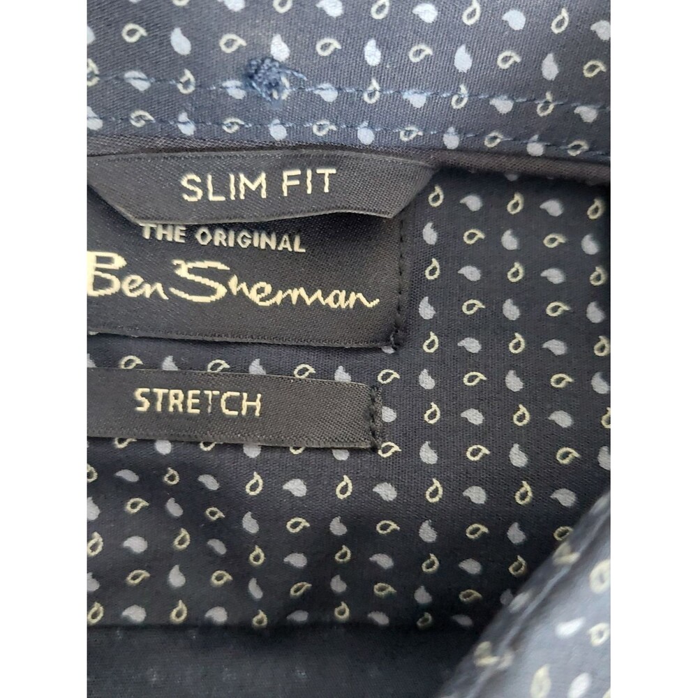 NWT Ben Sherman Men’s Slim Fit Stretch Paisley Button Down Shirt Navy L - Picture 4 of 9